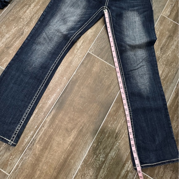 Live Hard Play Hard Design Silver Rhinestone Bootcut Mid-Rise Jeans Sz 30 L 36 - Picture 11 of 13